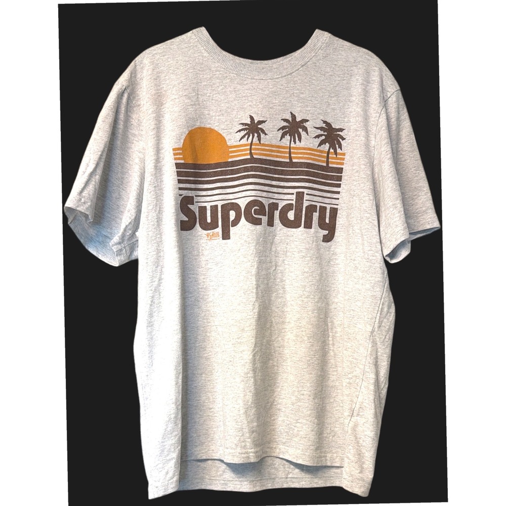 Superdry Mens Graphic T-Shirt Heather Grey Retro Sunset Palm Trees Cotton Tee